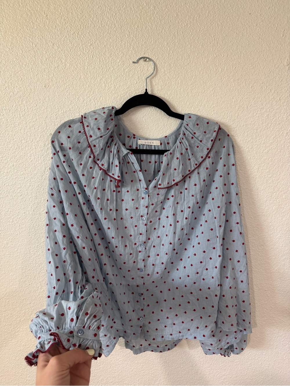 Doen Sky Blue Blouse with Burgundy Dot Print